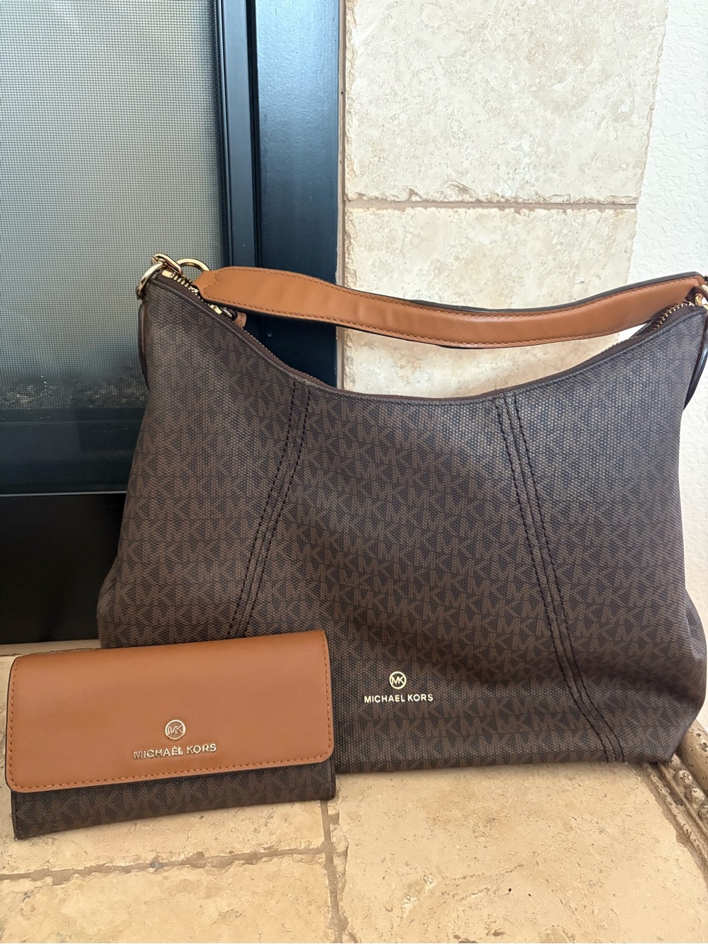Michael Kors Brown & Tan Signature Hobo with Matching Wallet